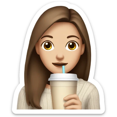 Beautiful white woman mom, long straight brown hair, brown eyes, cozy holding an iced coffee, white sweater sticker