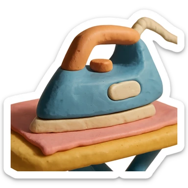 close-up of iron gliding over fabric on ironing board, soft lighting, pastel colors, claymation style sticker