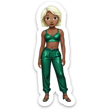 Cynthia Erivo with platinum blonde hair, dark sequin bra, dark green sequin baggy pants  sticker
