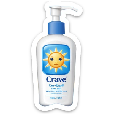 White CeraVe bottle with blue label and yellow “AM” badge, topped with a pump. Surrounded by radiant sun sparkles, soft UV-deflecting light rings, and a blue protective glow. Feels like a daytime skin shield potion in a sleek, glossy bottle. sticker