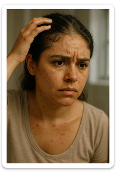 A highly realistic, cinematic close-up portrait of a young woman in her late 20s with medium skin tone, displaying visible folliculitis and seborrheic dermatitis. Small, red, inflamed follicular papules and pustules are scattered along her hairline, jawline, and upper neck, indicating folliculitis. Her scalp and areas around the nose and eyebrows show flaky, greasy yellowish scales, with redness and irritation, indicating seborrheic dermatitis. Her hair appears slightly greasy and clumps near the scalp, emphasizing excess sebum production. She gently touches her irritated scalp with concern while looking at herself in a softly lit bathroom mirror, expressing discomfort and frustration. The environment is neutral and clean, with daylight softly illuminating the scene to highlight the skin and scalp texture. The style is 35mm hyperrealistic, with warm neutral tones and shallow depth of field to maintain focus on her skin, inflammation, and emotional expression, visually explaining the physical discomfort and aesthetic concerns of living with folliculitis and seborrheic dermatitis sticker