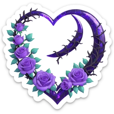 gothic heart made of midnight glass, silver crescent moon, glowing violet roses, holographic stardust, neon purple lightning, wet and cracked glass sticker