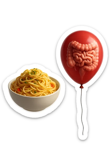 bowl di pasta fluttua in aria insieme ad un palloncino rosso con all'interno un intestino umano anatomico realistico, iperrealistico 4k sticker