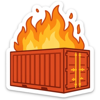 flat toon style shipping container on fire sticker