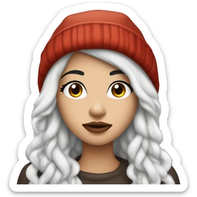 beautiful girl with long flowy black hair and pouty reddish lips wearing winter hat sticker