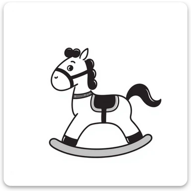 A hand-drawn toy rocking horse with western details and a cute face sticker