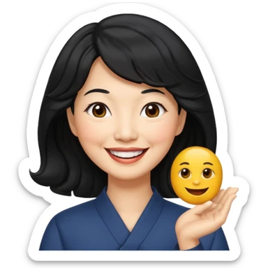 60 yr old asian woman, wavy thick black hair, side part, side swept bang, big smile sticker