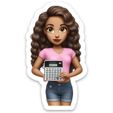 Hyper realistic bratz doll brunette with small pink calculator sticker