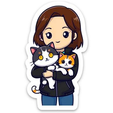 Light-skinned girl with brown straight hair wearing a black jacket, with one pure white cat with yellow eyes and one calico cat with orange black and white patches sticker