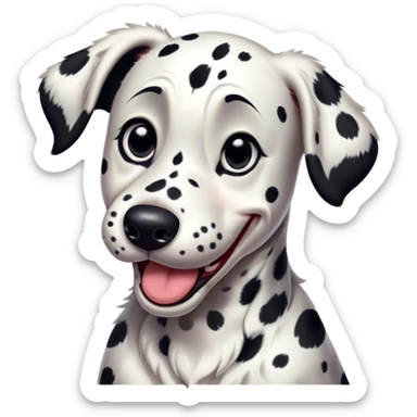 Cinematic Comical Spotted Dalmatian Portrait Emoji, Head tilted dramatically with an exaggeratedly shocked or amused expression, featuring a striking Fur of predominantly white with vivid black patches, wide, expressive eyes filled with playful disbelief, Simplified yet hilariously expressive features, highly detailed, glowing with a slightly sassy glow, high shine, dramatic yet playful, stylized with an air of cheeky charm, bright and endearing, soft glowing outline, capturing the essence of a spirited and over-the-top guardian, so meme-worthy it feels like it could side-eye its way into internet fame instantly! sticker