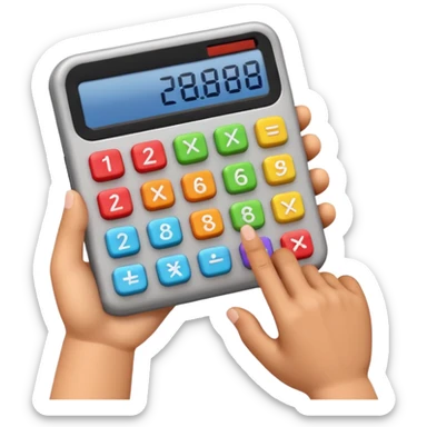 3D iPhone style emoji of a person using a calculator, finger pressing colorful buttons, digital display showing numbers, isolated on white background, soft shadows, high detail, playful and cute. sticker