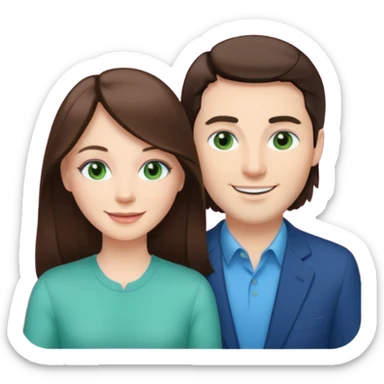 pink polaroid photo of a couple thats white with long brunette hair blue eyes and a white guy with short brunette hair and green eyes sticker