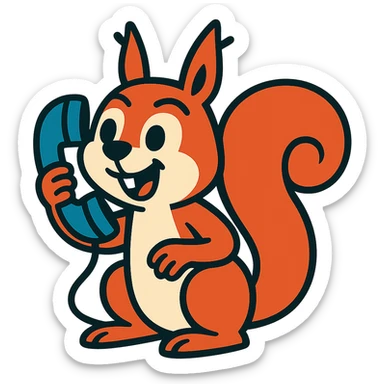 playful squirrel talking on a phone, cartoon style sticker
