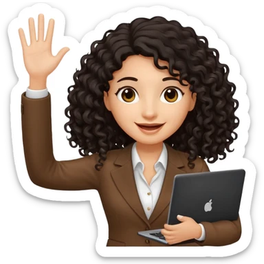 medium deep tan brown business woman with long black curly hair, waving hand with happy face and holding a laptop sticker