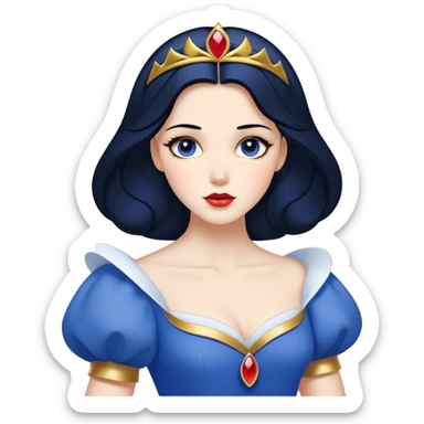 Cinematic Timeless Snow White Portrait Emoji, rendered in a clean, vector style. Depict Snow White with flawless porcelain skin, elegantly styled raven hair, and a serene, graceful expression, dressed in her classic blue and gold ensemble. The design features bold, simplified shapes, a soft, enchanting glow, and a subtle glowing outline, epitomizing pure, timeless beauty. sticker