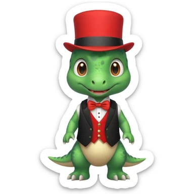 Steampunk:a very cute and adorable green anthropomorphic baby dinosaur with a red top hat sticker