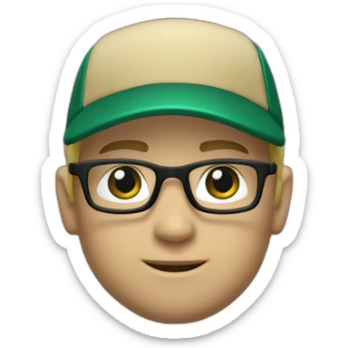 Blonde male short hair with glasses Dark green baseball uniform with hat Blue eyes and with "C" on the dark green hat. make the style slightly 3D with a diagonal angle. Crop from chest up sticker