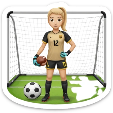 Make a dirty blonde football goalkeeper with goalkeeper gloves on holding a football. The girl is light skinned and wearing a football kit and football shoes. Standing in front of football goal. Wearing a ponytail with the dirty blonde hair sticker