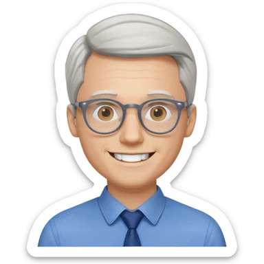 30 yr old pale white man, white/grey side swept stylish hair, round glasses, big smile, white teeth, handsome, longer hair, thin glasses, blue dress shirt sticker