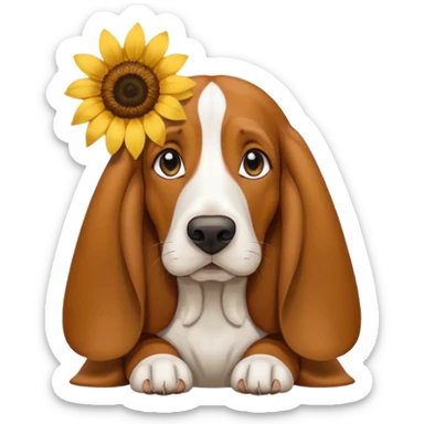 Basset hound with a sunflower tucked in her ear sticker