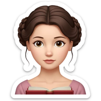 Cinematic Realistic Journal Portrait, depicted with lifelike skin texture, subtle rosy undertones, and soft natural lighting that enhances the gentle contours of her face. Her intricately detailed brunette hair is elegantly styled in an updo, sticker
