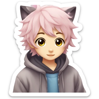 Cute Kawaii Beautiful Gorgeous Sparkly Shiny Blushing Anime Style Shojo Catboy With Pretty Hair And Hoodie Trendy Style Outside sticker