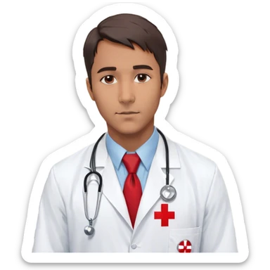 "A bust of a professional male doctor wearing a white lab coat with a red cross emblem on the chest. Underneath, he has a light blue dress shirt and a red tie. A stethoscope is draped around his neck, with silver earpieces and a dark rubber tube. His expression is calm and confident, with neatly styled short hair and a reassuring presence. Behind him, a faint medical chart with a heartbeat line (EKG waveform) subtly reinforces the medical theme. The background is plain white for clarity and simplicity sticker