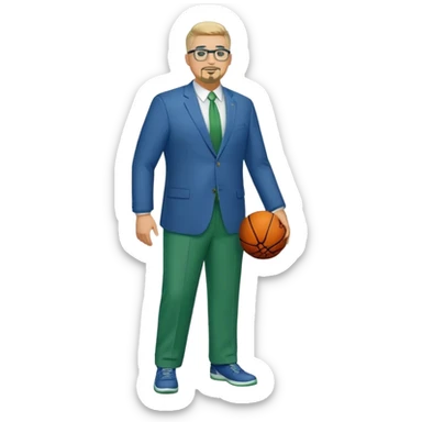 Full Body white male plus size wearing glasses with a goatee with light blonde and gray very short hair happy basketball head Coach in blue and green suit sticker