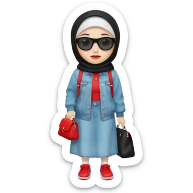 female memoji character, iPhone style, wearing black hijab, white long dress, oversized light blue denim jacket, white socks, black shoes with red detail, black shoulder bag, sunglasses on head, cute expression, no background, transparent PNG sticker