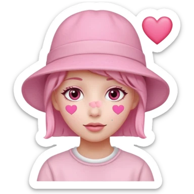 a pastel pink skin love face emoji with pink hearts in the eyes, pink simple hat on sticker