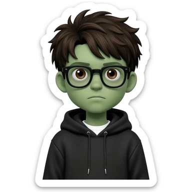 zombie boy with white tshirt and black brownish hair and with black glasses frames on hair is texturized young boy and round face more green face and dark brown eyes black thick cotton y2k hoodie with the white t-shirt under it hood of hoodie is standing up a slight bit and no ties on hoodie sticker