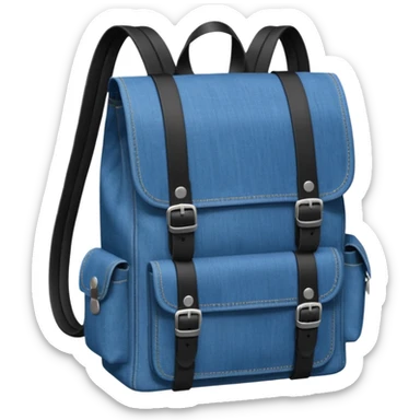 a blue denim backpack with a flap top, two vertical *black buckle straps* on the front, only at the top. The backpack has two side pockets and a soft square shape. 

 sticker