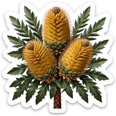 Cinematic Realistic Banksia Emoji, Bold and striking, with spiky, cylindrical flower heads covered in rich golden hues. The leaves are thick and leathery, adding a sense of strength to this unique and iconic tree. Soft glowing outline, capturing the essence of Australian ruggedness and floral beauty in a distinctive banksia tree! sticker