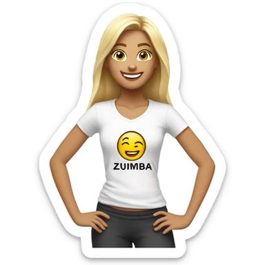 Blond girl smiling in with Zumba logo on white t-shirt sticker