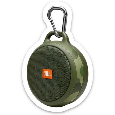 Simple JBL Clip 4 portable speaker with correct round body and built-in carabiner hook, minimal green camo pattern, iOS emoji style sticker