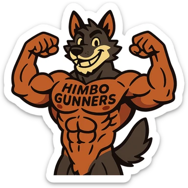 extremely muscular wolf furry, shirtless, 'Himbo Gunners' tattoo across chest, flexing, smiling confidently sticker
