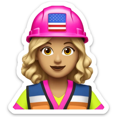 Taylor Swift is a construction worker wearing a neon pink safety vest, hard hat and ear muffs with a patriotic patch on her vest. The background image is of the patriotic flag  sticker