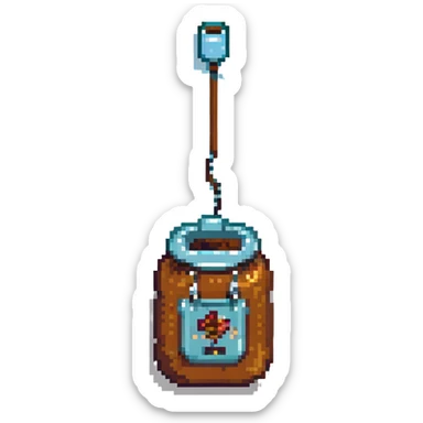 8-bit pixel art emoji, IV bag filled with brown coffee connected to arm, medical parody, on-call humor sticker