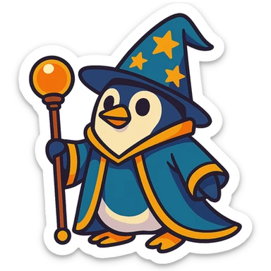 fun and whimsical penguin dressed as a wizard, with a pointy hat and a magic staff sticker