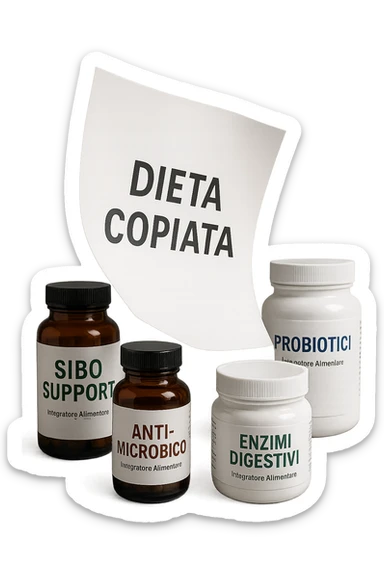 FOGLIO DI CARTA FLUTTUA IN ARIA CON LA SCRITTA "DIETA COPIATA", INSIEME A BARATTOLI DI INTEGRATORI PER CURARE IL SIBO IN ITALIANO, IPERREALISTICO 4K, NON DISEGNATO sticker