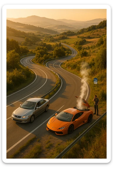 "Aerial view of winding mountain road through Italian countryside, steady reliable sedan maintaining consistent pace with confident driver, versus flashy supercar stopped at roadside with hood open and steam rising, mechanic being called on phone, 300km milestone sign visible in distance, moral lesson about reliability over showmanship, golden hour lighting" sticker