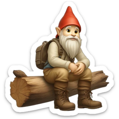 side view of gnome with light tan pants and light tan boots squatting above small brown log sticker