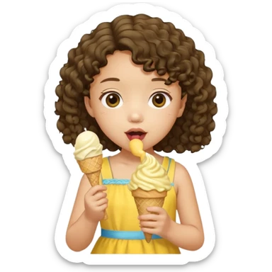 a little asian girl kid with curly hair, yellow dress, eat ice cream sticker