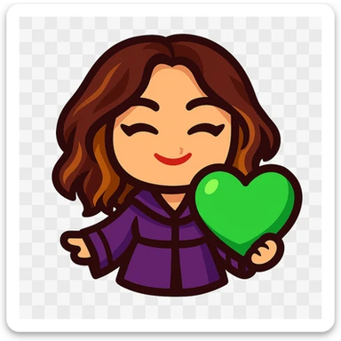 Create a chibi emote of the woman in the first reference image, in the style of the second reference image, holding a green love heart sticker