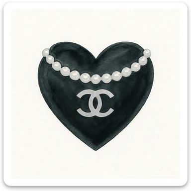 glossy black heart with a string of pearls around it, featuring a silver Chanel logo in the center, elegant, black and white color scheme, watercolor art style sticker