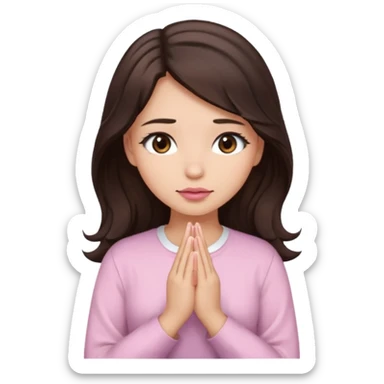 girl with wavy long glamorous dark brown hair, brown eyes, light to medium complexion, long lashes, light pink lipstick, praying, wearing light pink shirt sticker