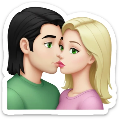 A blonde girl with fair skin and green eyes and light pink lips a guy with black hair and fair skin and green eyes are kissing sticker