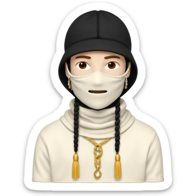 Ultra-detailed studio shot of a post-apocalyptic off-white balaclava — deconstructed, frayed, layered, with braided rope tassels and subtle embroidery. Minimalist white background, soft lighting, sharp focus. High-fashion streetwear aesthetic. The face of a person in a mask should not be visible sticker