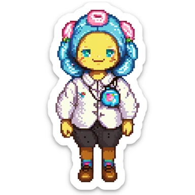 A whimsical candy-themed baker standing in a pastel pink confectionery lab. The walls are made of bubblegum bricks, the countertops shimmer like strawberry frosting, and the air sparkles with powdered sugar mist. The baker is extravagantly adorned: licorice swirls as shoul sticker