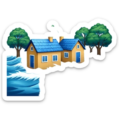 showing a flood disaster scene with powerful blue water waves overflowing around small houses and trees, dark cloudy sky, heavy rain falling, dramatic yet simple design sticker